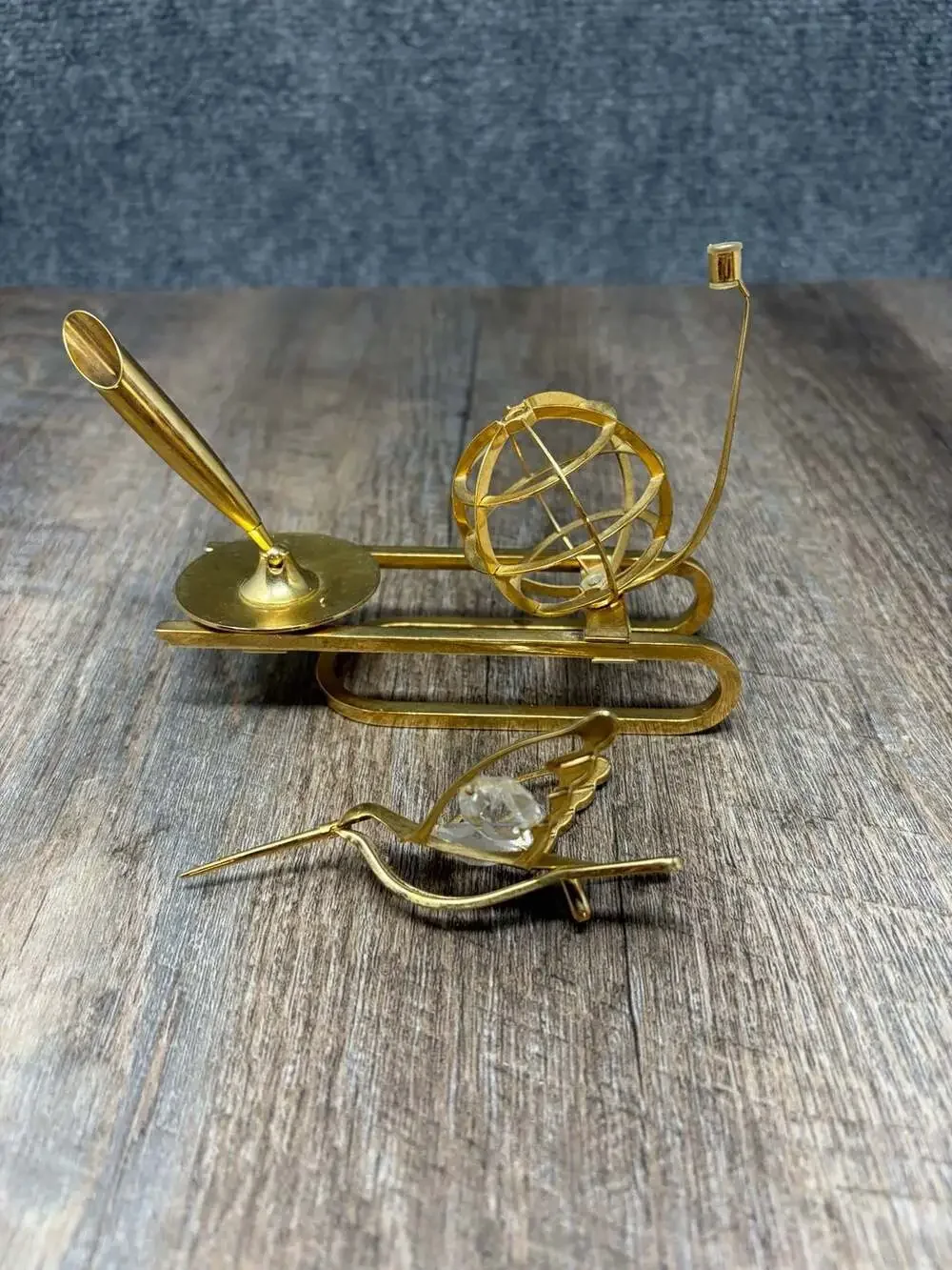 Vintage 5” Gold Colored Metal Pen Stand with Armillary Sphere and Crystal bird